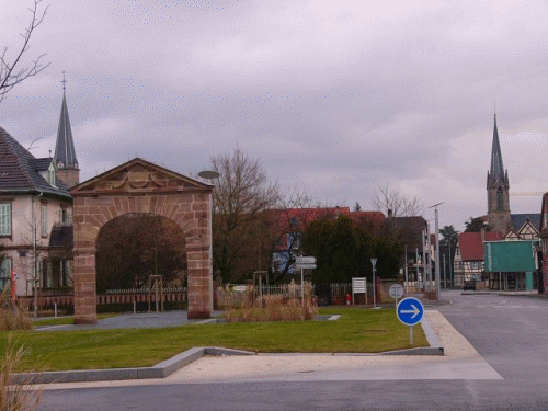 Photo Erstein: former Upper Gate, churches, and former rider relay