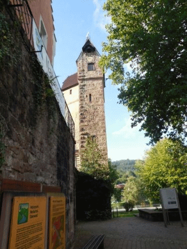 Foto Eberbach: Blick vom Kurpfalzbrunnen zum Pulverturm